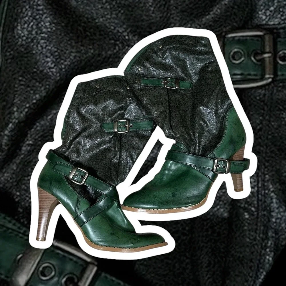 Vintage Y2K Women's Green Leather Buckle Strappy Heeled Ankle Boots Size 8 Funky